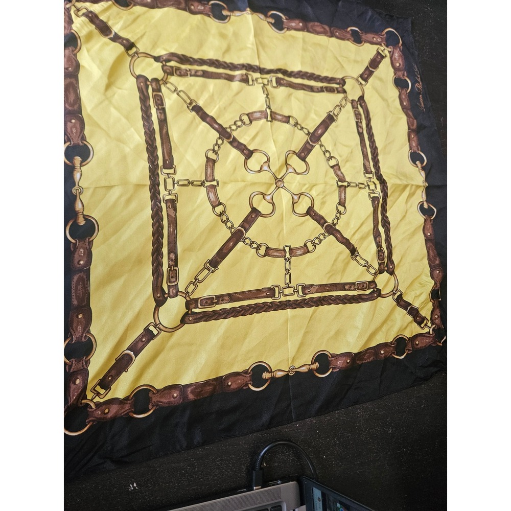 Lauren Ralph Lauren Equestrian Belt Chain Print Square Scarf Yellow Black Gold - Picture 2 of 3